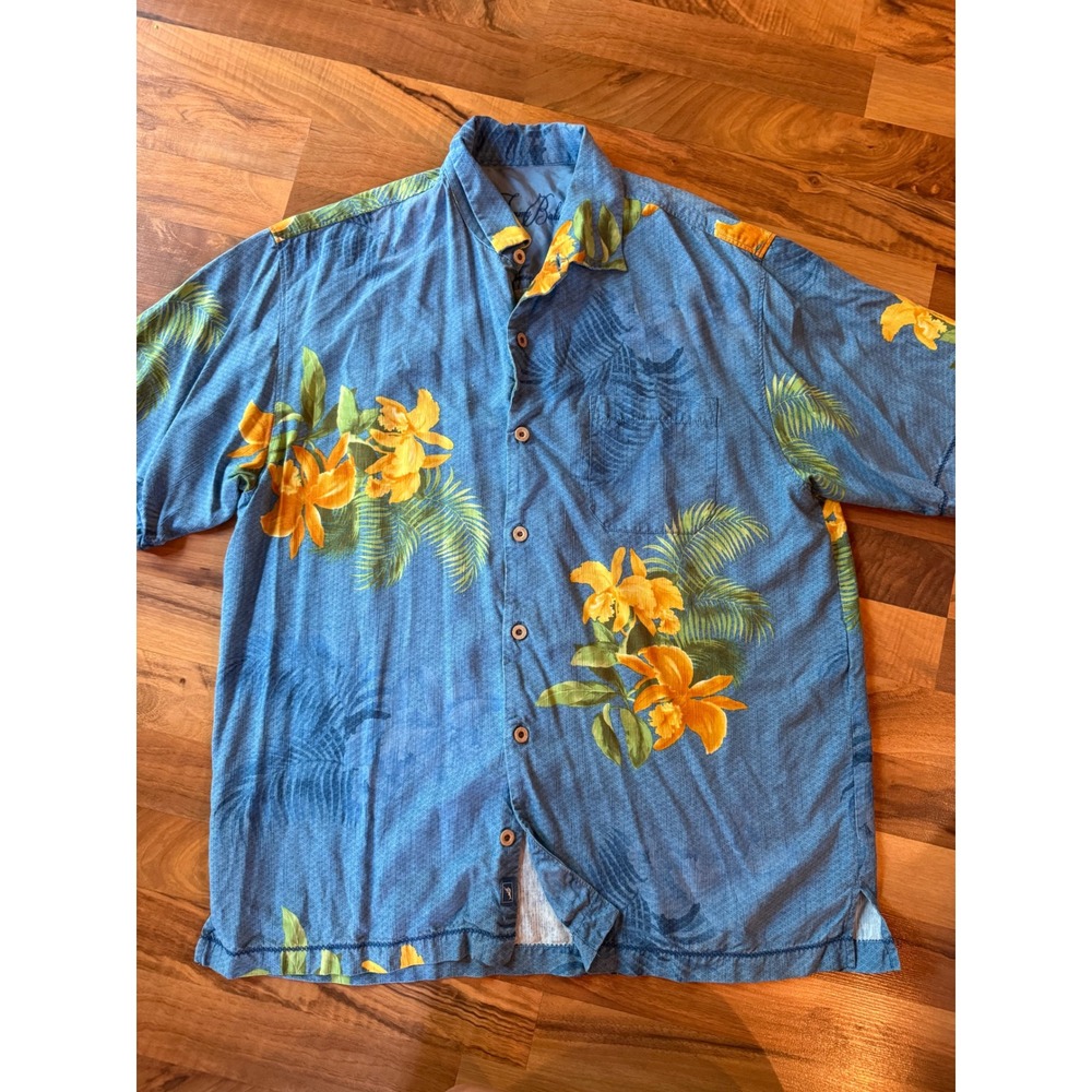 Tommy Bahama Silk Floral Shirt Mens Large Blue Yellow Tropical Camp vacation